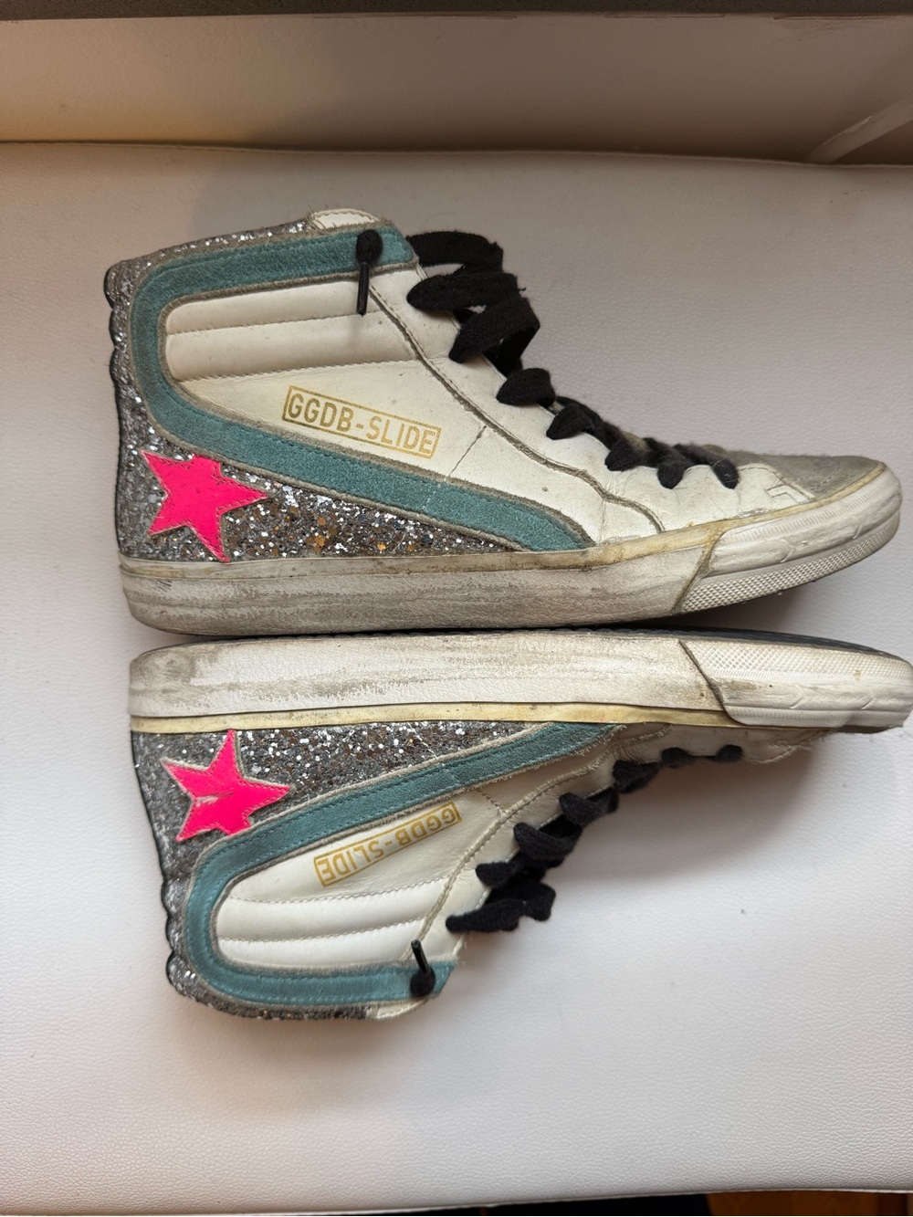 Golden Goose Slide High-Top Sneakers in White, Pink Star, Silver Glitter